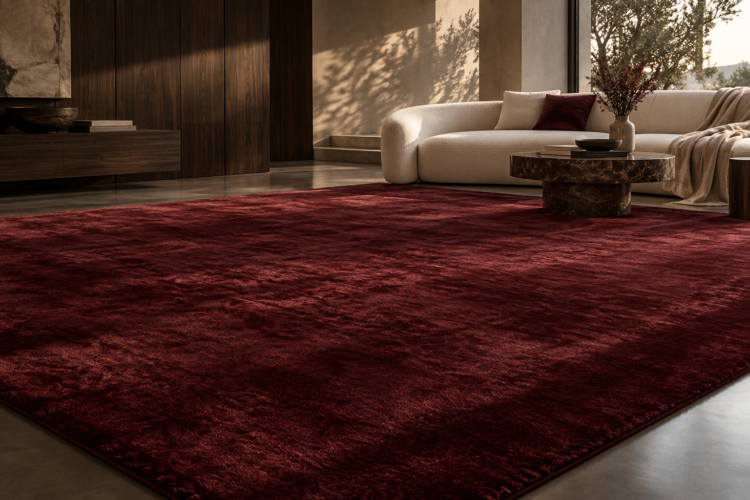 A burgundy velvet rug in a sunlit contemporary living room